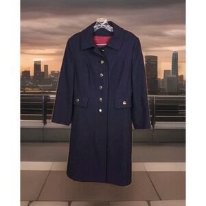 Rothmoor Womens Medium Wool Trench Coat Blue Gold Buttons USA Made Vtg 60s